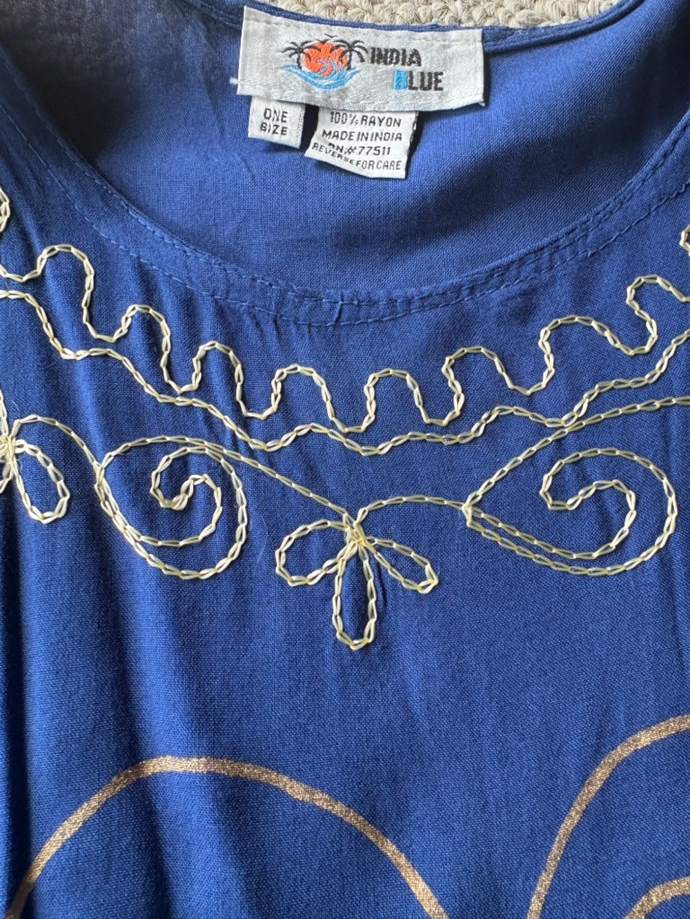 Vintage Blue Gold Peacock Caftan | Resort Vacation Cover Up OS - Picture 4 of 9